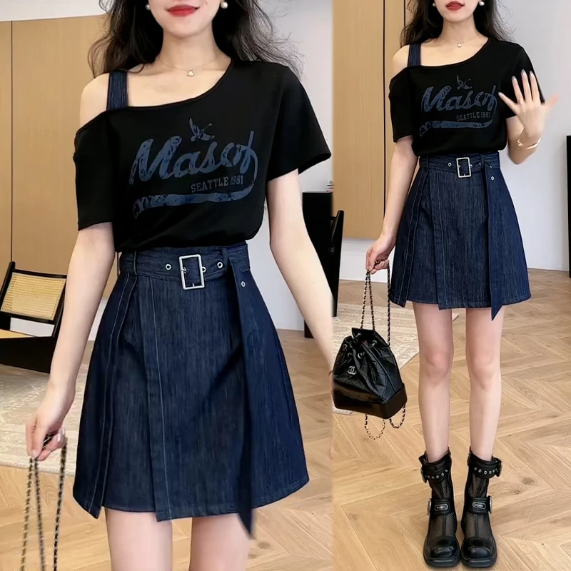 假两件单肩斜肩印花拼接收腰连衣裙女2025夏季新款高腰气质A字裙