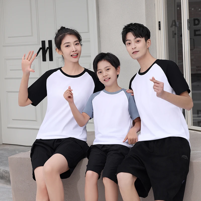 亲子纯棉情侣跑步半袖宽松时尚夏季透气圆领白色拼接彩色男女T恤