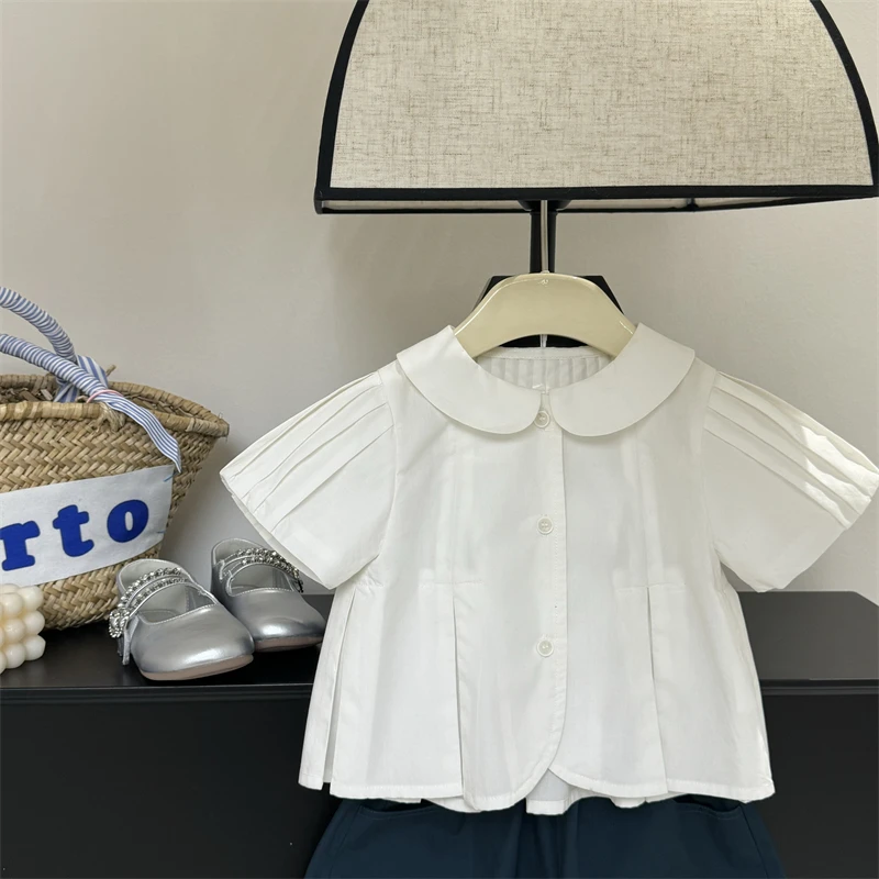 现货leomama【雪媚娘】女童娃娃领压褶短袖衬衫夏季儿童法式上衣