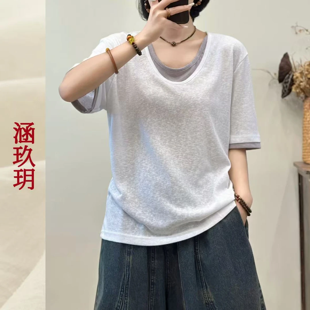 涵玖玥【假两件短袖】夏风拂过休闲夏季宽松显瘦上衣i麻-2153