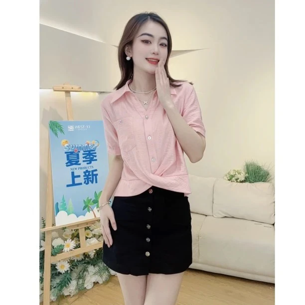 2025夏装半开领短款夏季极简风衬衫设计感小众女装百搭翻领