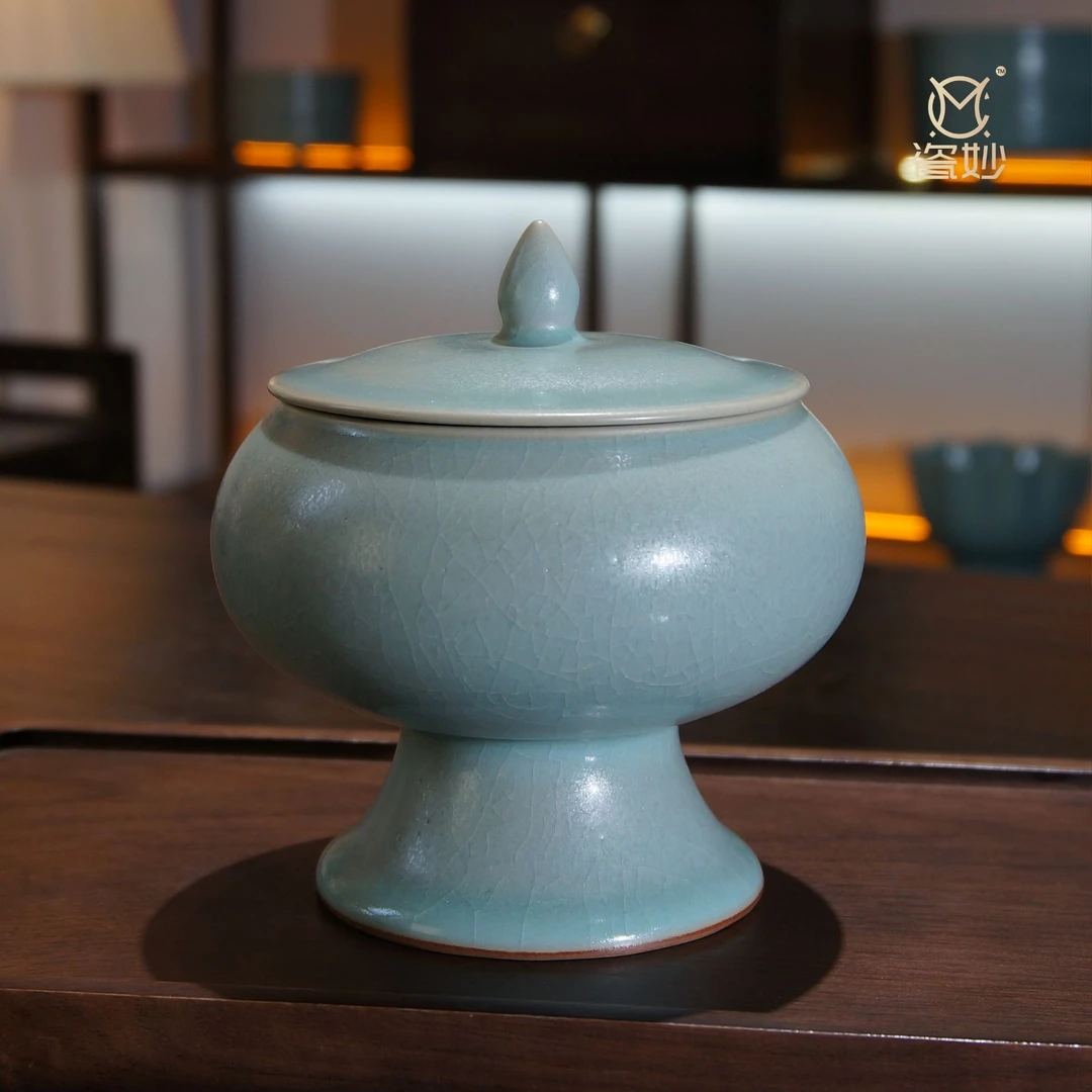 瓷妙柴窑复烧粉青釉高足青云罐古法还原汝瓷柴烧原矿釉