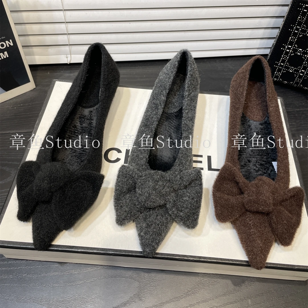 2025法式毛呢气质高跟鞋女细跟浅口蝴蝶结不累脚加绒尖头通勤单鞋