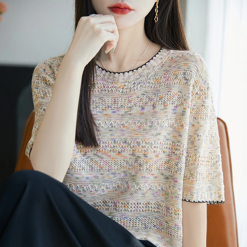 品牌时尚女装夏季重工彩纱提花针织衫女士气质时尚V领T恤圆领上衣