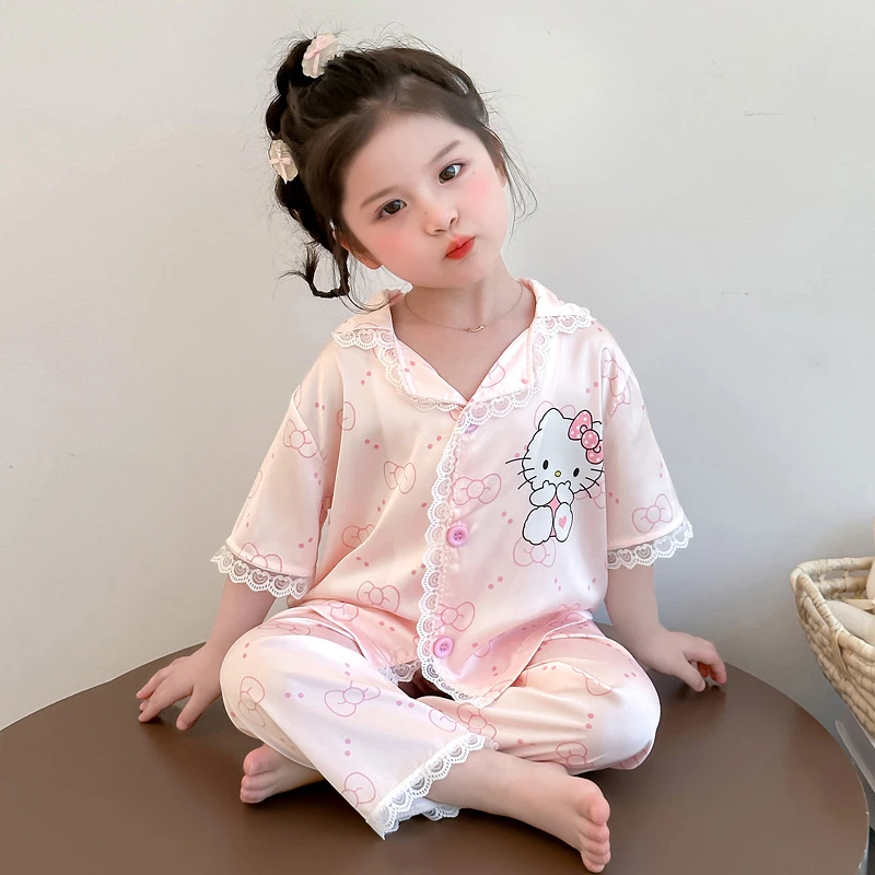 女童睡衣夏天冰丝薄款短袖公主风宝宝小女孩家居服儿童夏季空调服