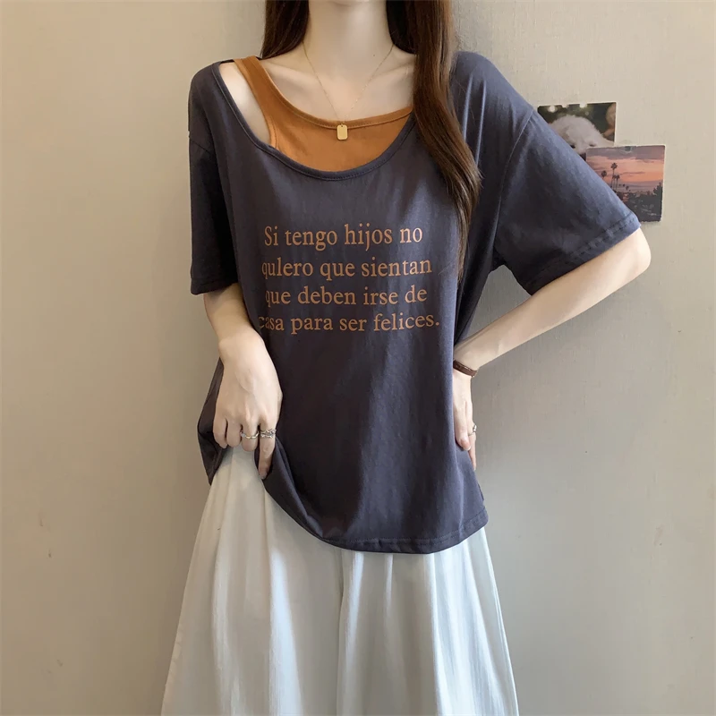 大码字母印花拼接假两件短袖T恤女夏季新款洋气宽松时尚百搭上衣