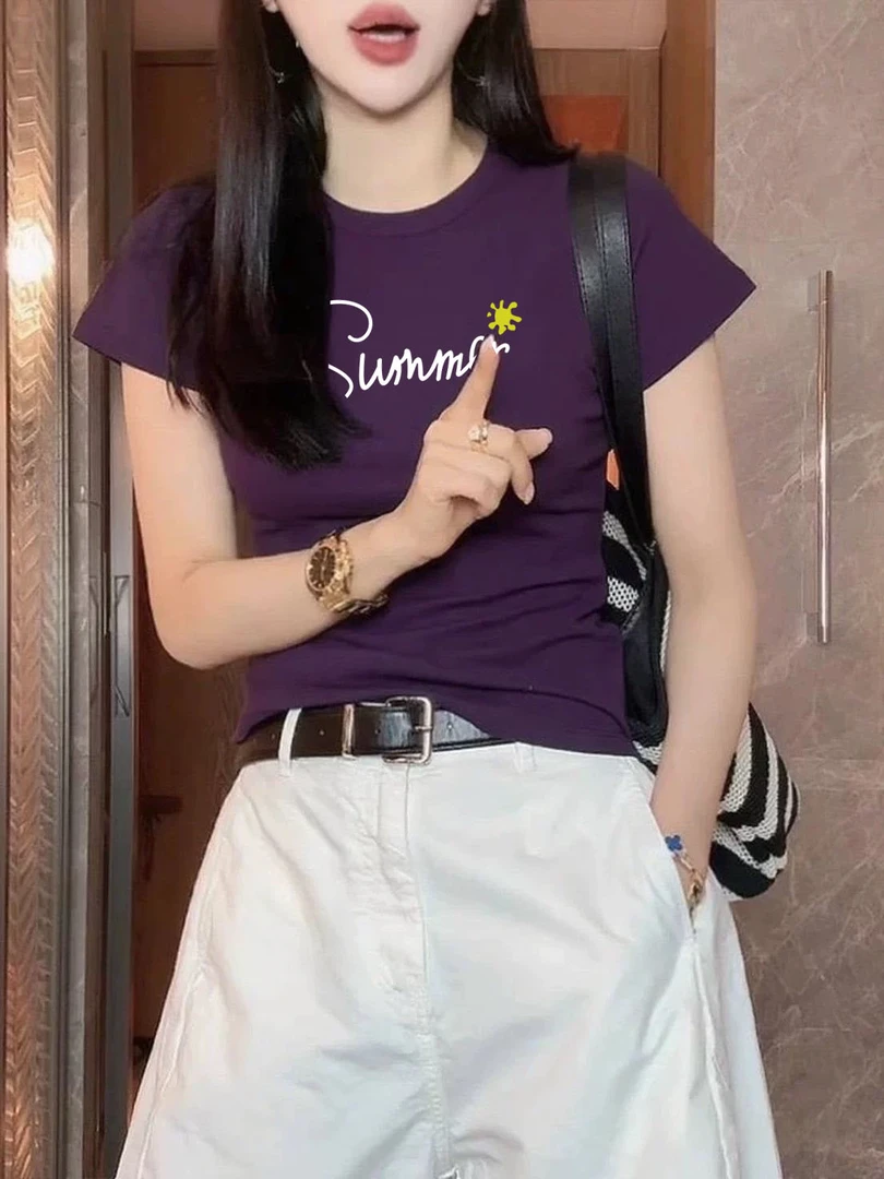 正肩圆领t恤紫色修身上衣纯欲辣妹打底夏季新款英文字母短袖女款