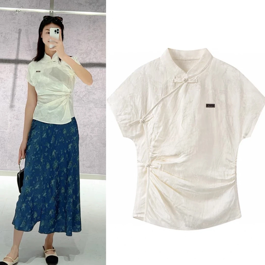 2082原单商场同款百搭休闲收腰新中式提花斜襟盘扣短袖T恤