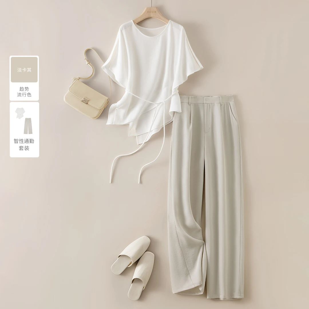 IHIMI/海谧2025夏款女装简约时尚不规则小衫休闲裤两件套装G3A017