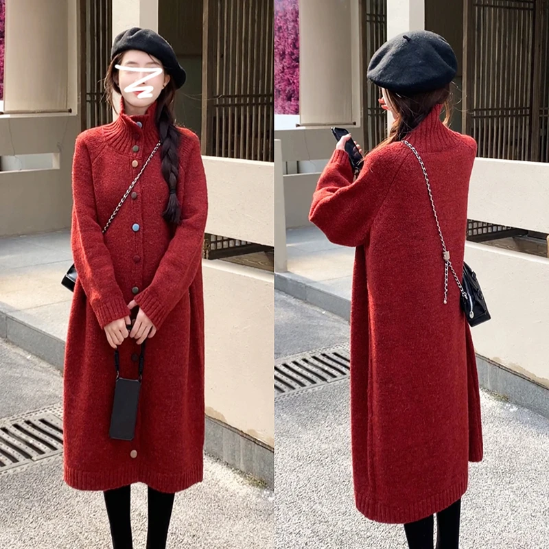 韩系红色高领毛衣外套女秋冬季2025新款慵懒高级感中长款针织开衫