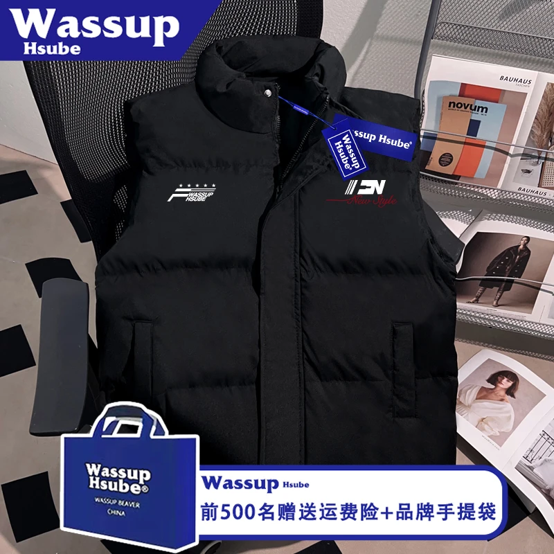 WASSUP HSUBE个性字母潮牌印花中性马甲秋冬男女同款拉链黑色上衣