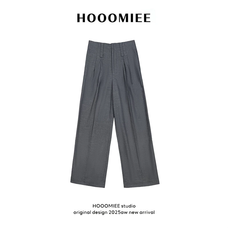 Hooomiee轻熟港风精裁压褶西装裤高腰垂感阔腿休闲长裤089