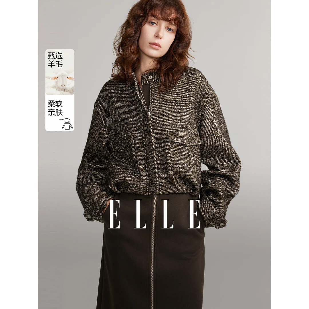 ELLE法式设计感外套2024冬季新款雅丹风时尚复古宽松立领EF40105