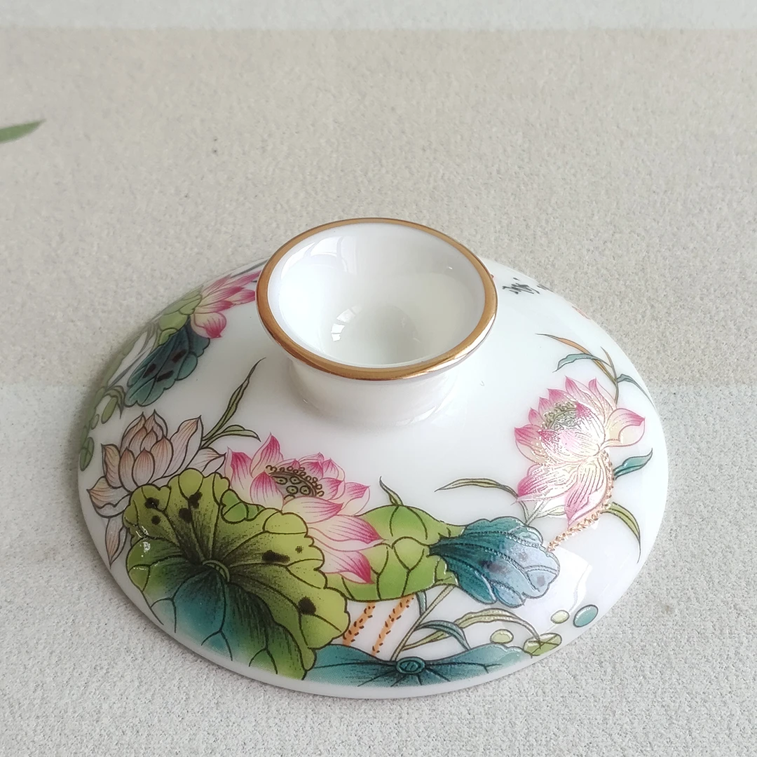 陶瓷单盖子泡茶碗盖茶盖子羊脂玉瓷白瓷描金盖子茶具茶道配件