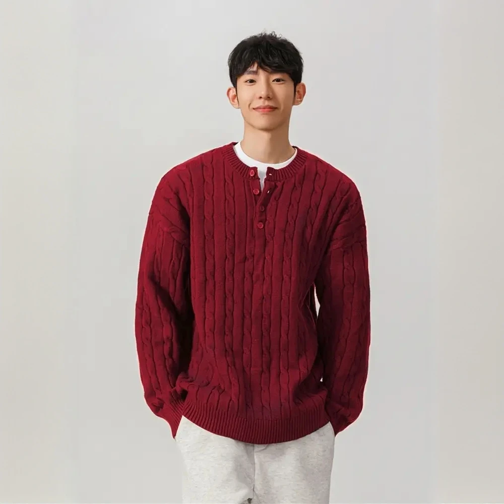 本命年酒红色宽松亨利领毛衣男款冬季慵懒针织衫麻花粗线新年衣服