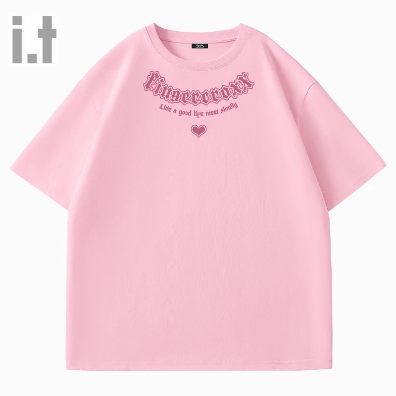 it Fingercroxx粉色短袖t恤女夏季字母项链圆领半袖纯棉五分袖