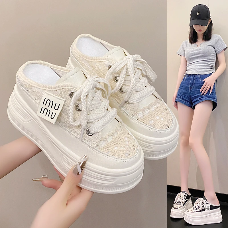 包头凉拖鞋女外穿精致2025百搭网纱半拖鞋厚底9公分增高女鞋夏季