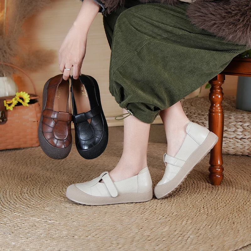 棉谷厚底软底单鞋女防滑百搭春秋新款复古法式平底鞋舒适81019