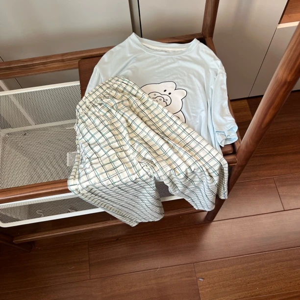 【编号S486】H5031-06-儿童卡通T格子裤家居服套装蓝色-ONXH