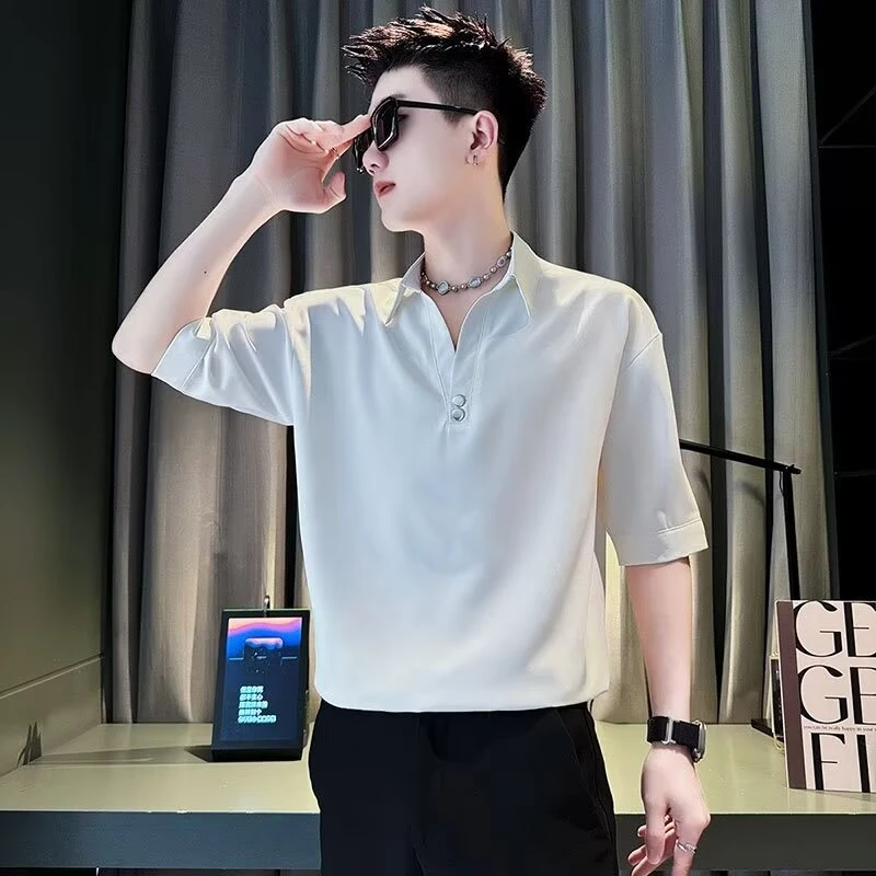 男士衬衫春秋2025夏季新款纯色百搭痞帅潮牌男装垂感中袖宽松衬衣