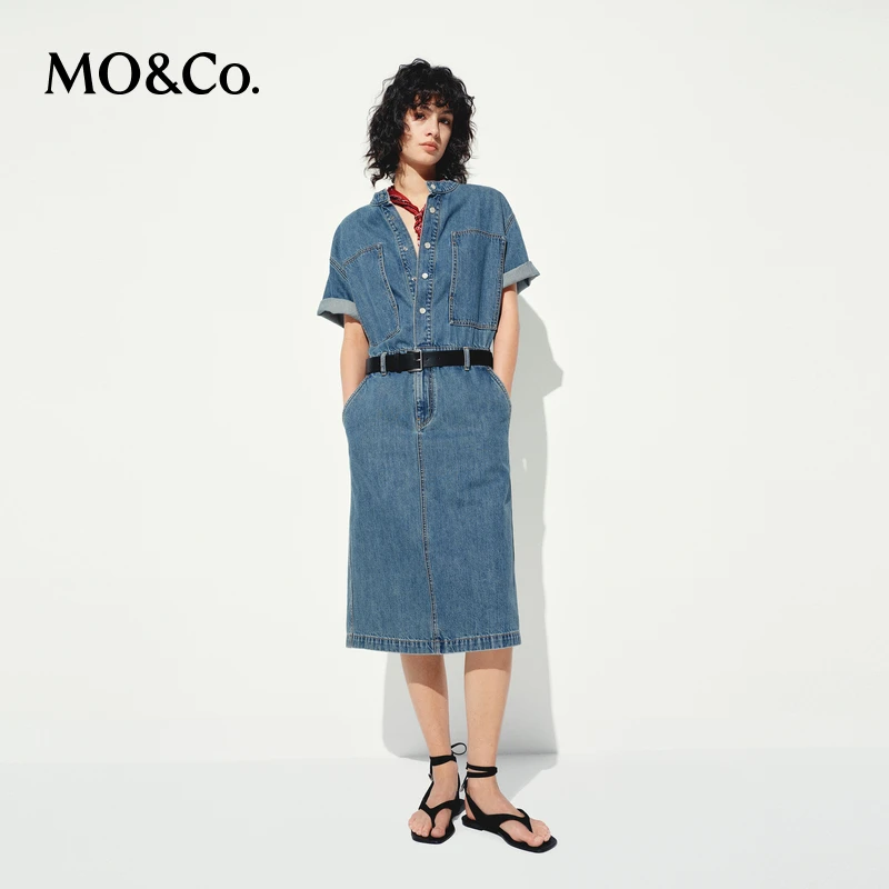 MOCO连衣裙2025夏新品桑蚕丝棉质工装口袋中低腰牛仔裙MBE2DRS022