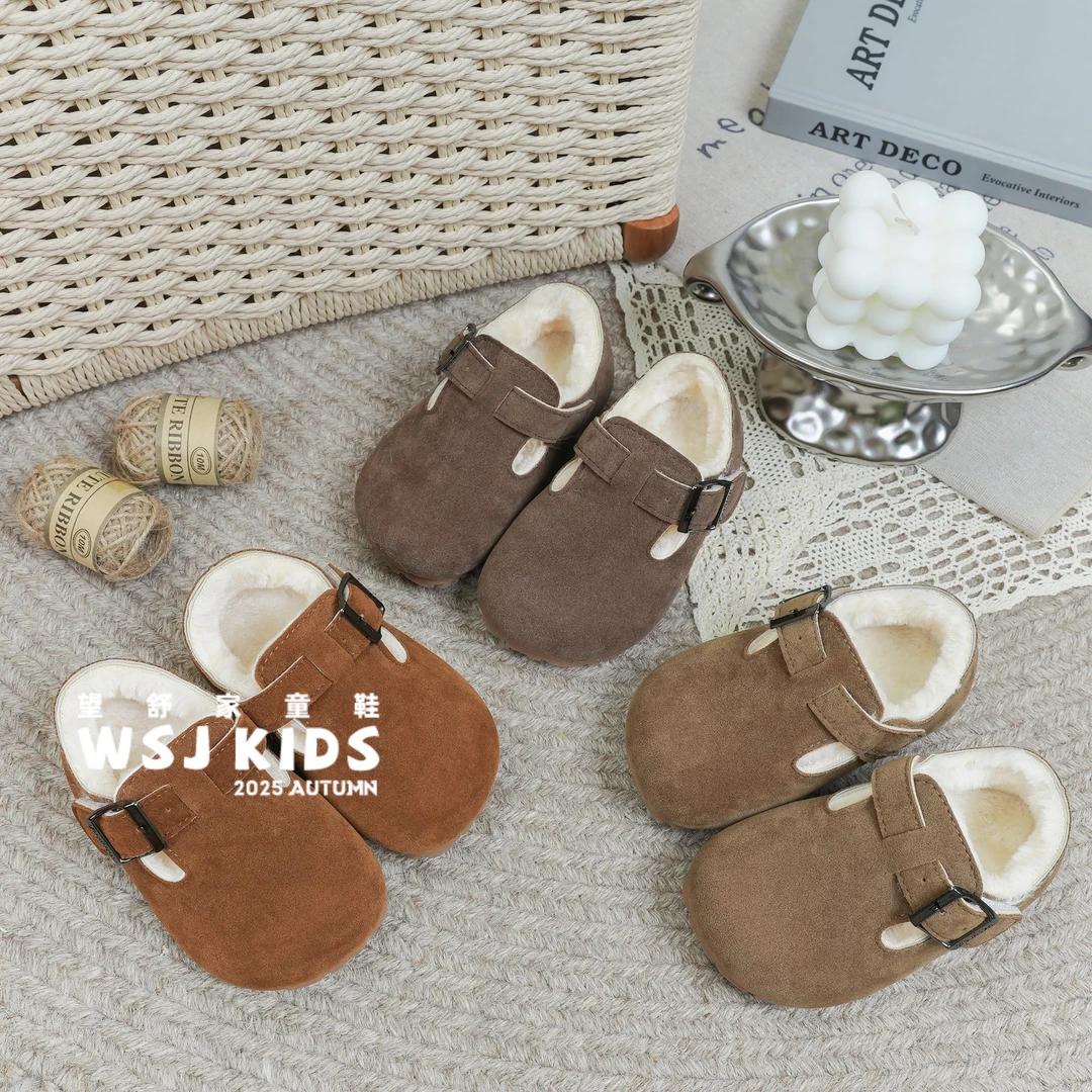 望舒家2025女童韩版勃肯鞋秋冬季小皮鞋男童软底百搭加绒豆豆鞋08