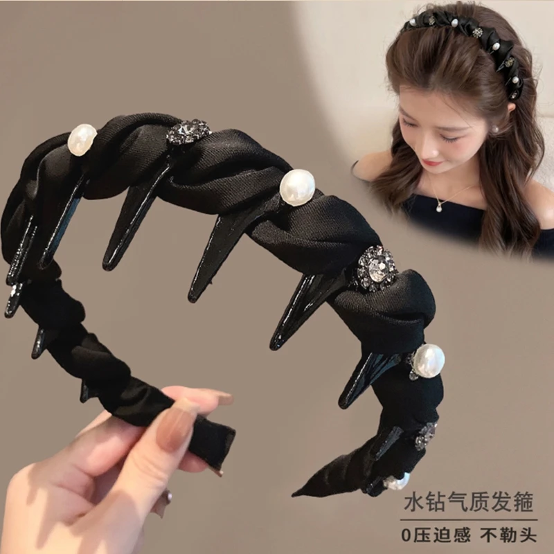 韩国高级感珍珠水钻发箍2025新款高颅顶压发头箍带齿防滑百搭发卡