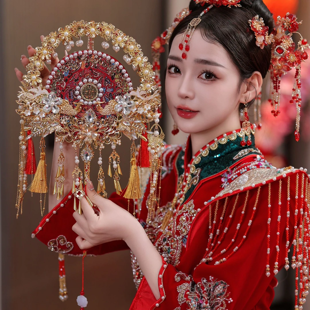 新娘结婚闺蜜金色红色秀禾双面双色成品圆形团扇双色双面专用链接