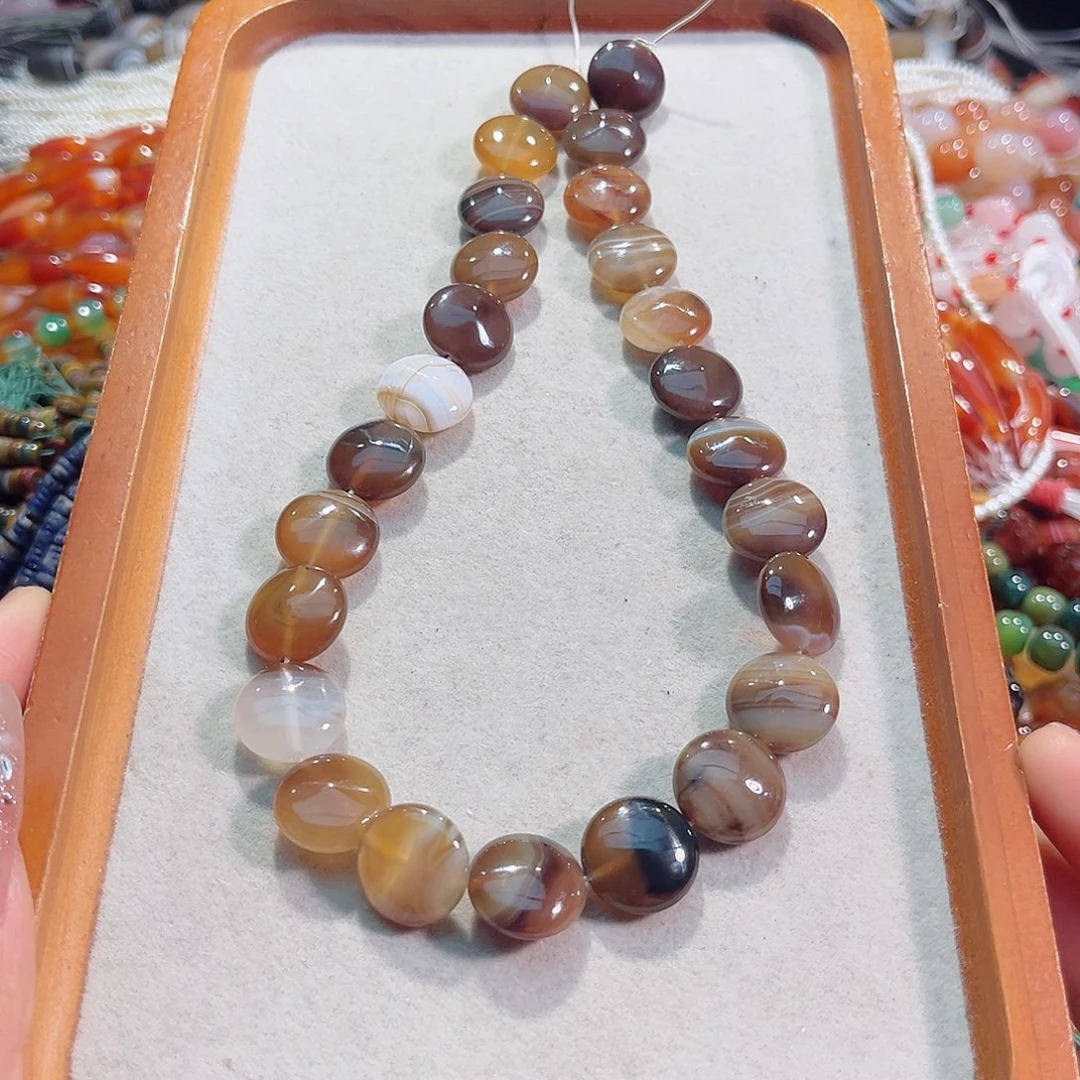 玛瑙/玉髓未镶嵌珠宝半成品16mm线条美拉德玛瑙圆饼一条