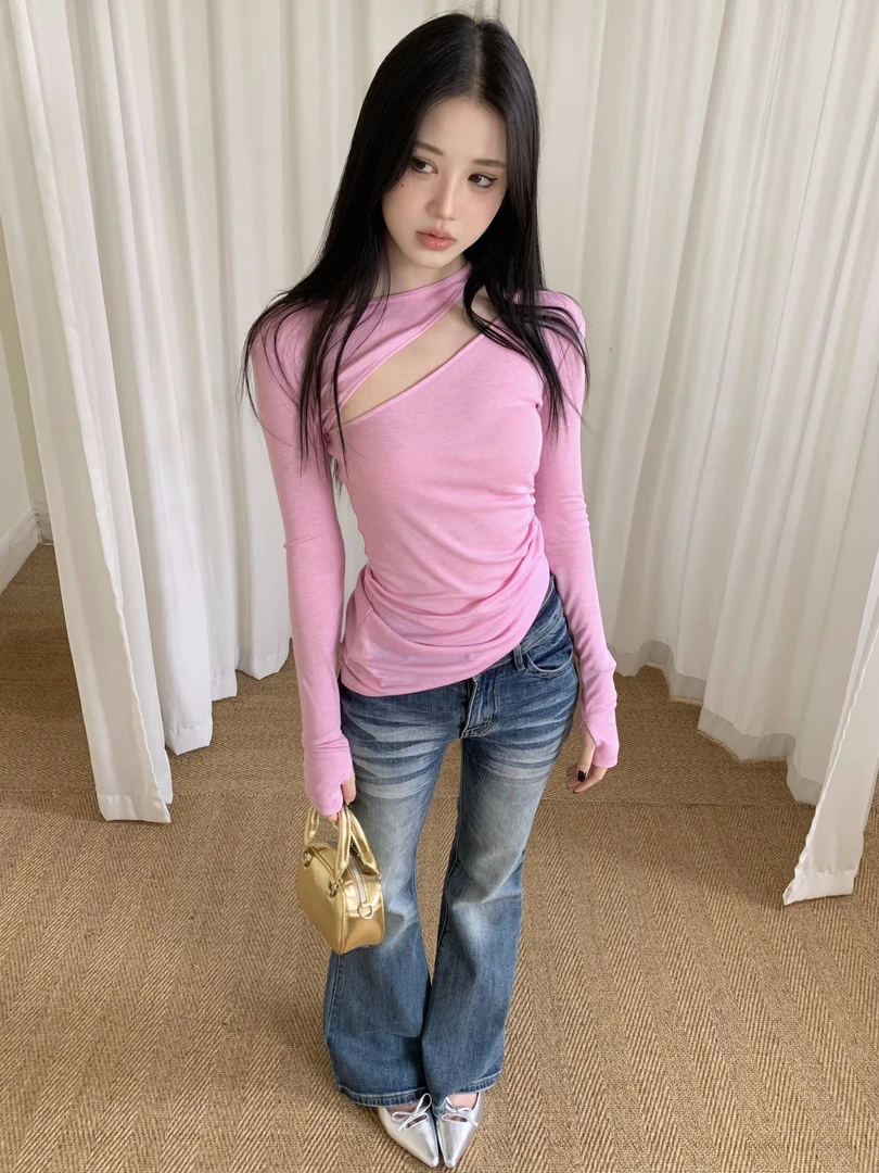 不冷BULENG 粉色微透可拆卸斜肩修身收腰显瘦两穿上衣T