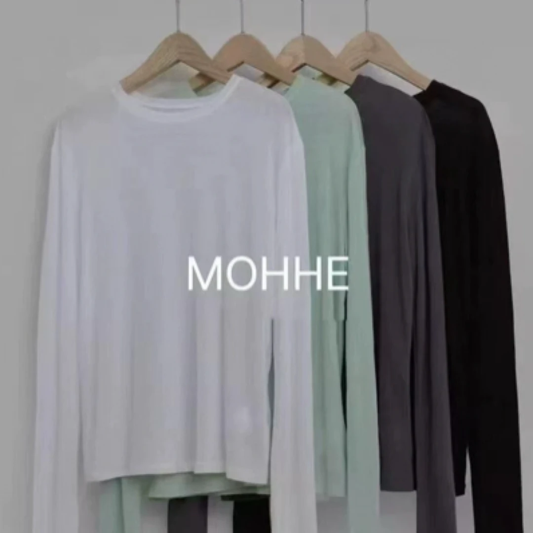 现2025春季新款女韩国代mohhe后背字母圆领纯色薄款长袖打底T恤