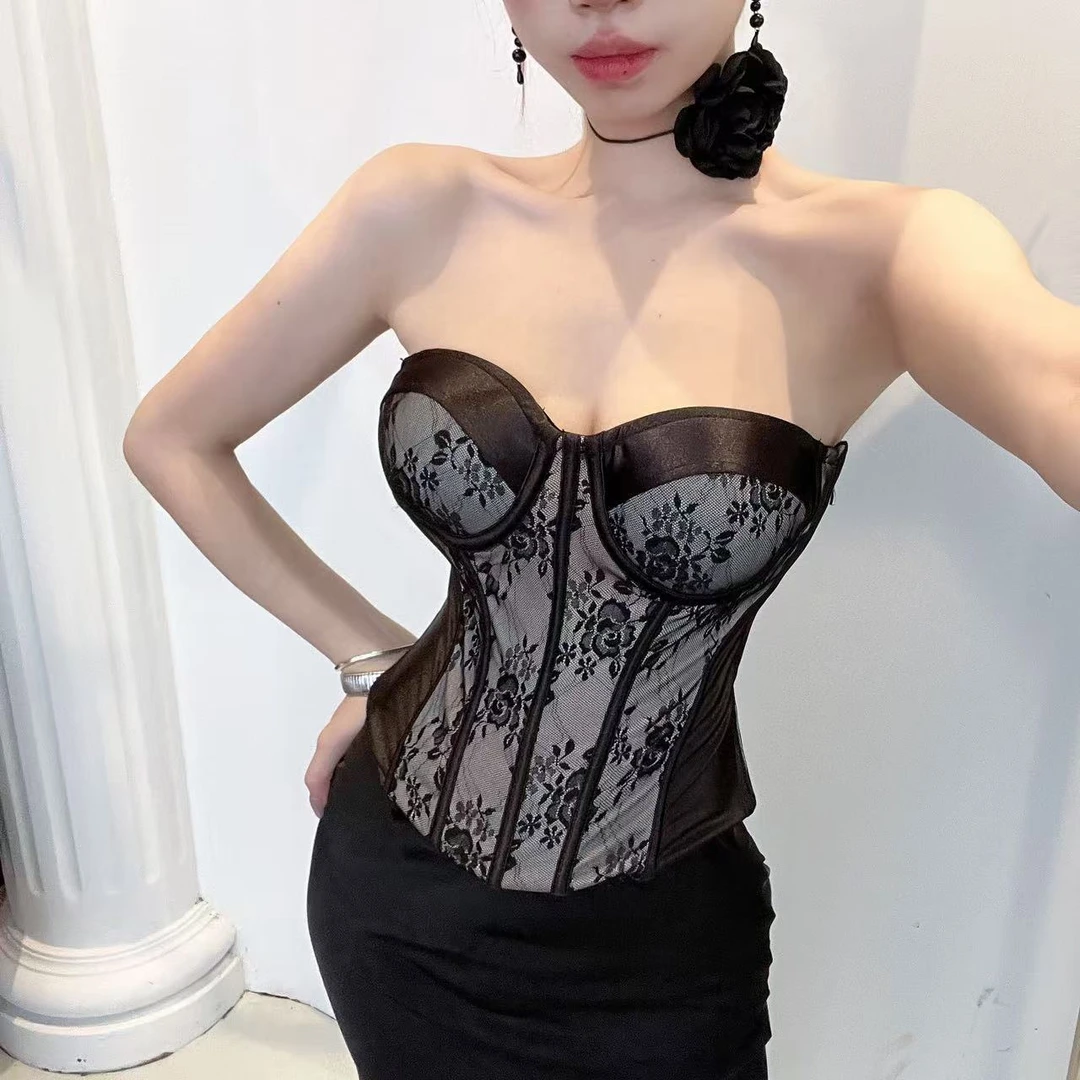 25801-（带胸垫）黑色蕾丝提花法式真鱼骨复古高级感抹胸