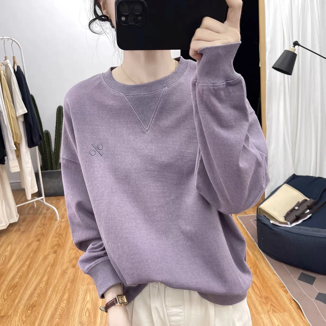 秋装韩版纯棉圆领宽松毛圈卫衣女式减龄上衣2025新款刺绣加厚体恤