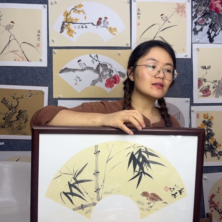 国画手绘竹报平安带框33。*53