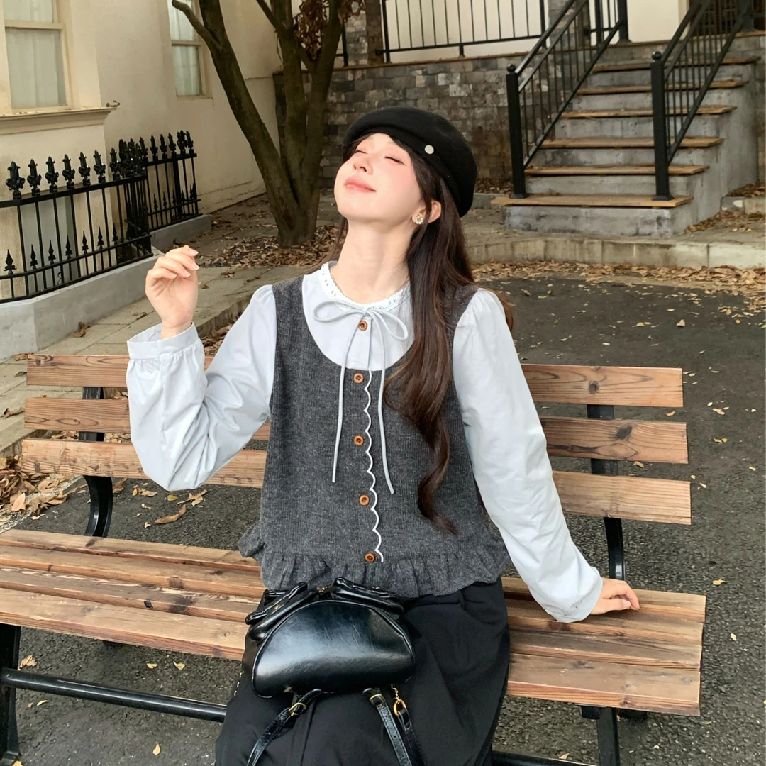 慕兔韩系假两件独特设计感长袖衬衫女2025秋季新款小众百搭上衣