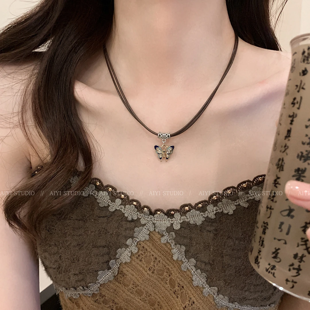 合金项链 项链复古蝴蝶吊坠民族风项链皮绳颈链