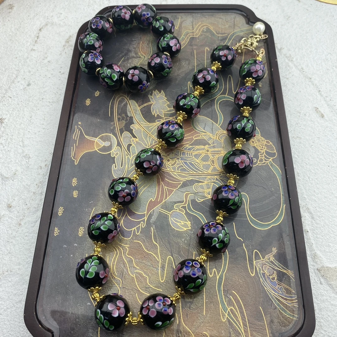 铜合金琉璃项链 花珠项链手工气质黑色复古优雅精美宫廷风百搭