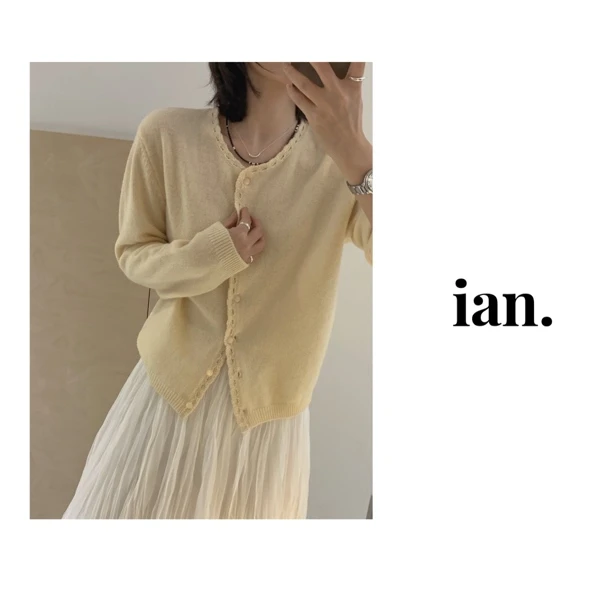 【ian】韩系慵懒风圆领针织羊毛开衫女简约百搭显瘦长袖上衣