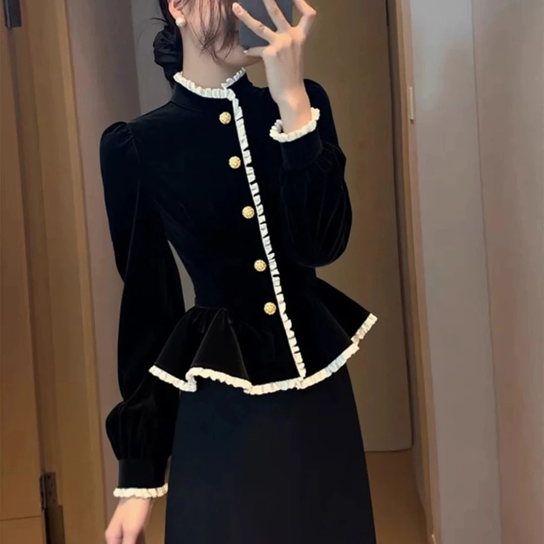 黑色撞色丝绒上衣2025冬季新款设计感绝美巨好看气质修身打底上衣