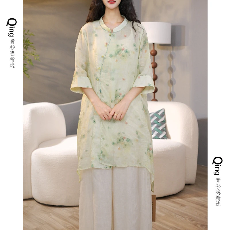 6608夏季简约清爽印花苎麻小衫中长款女