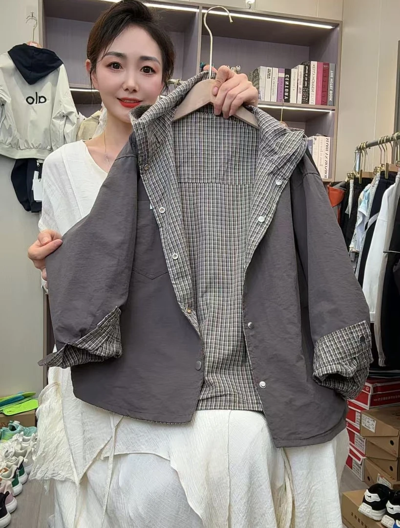 儿童双面穿外套2025秋季新款男童女童格子连帽上衣时髦韩版男孩潮