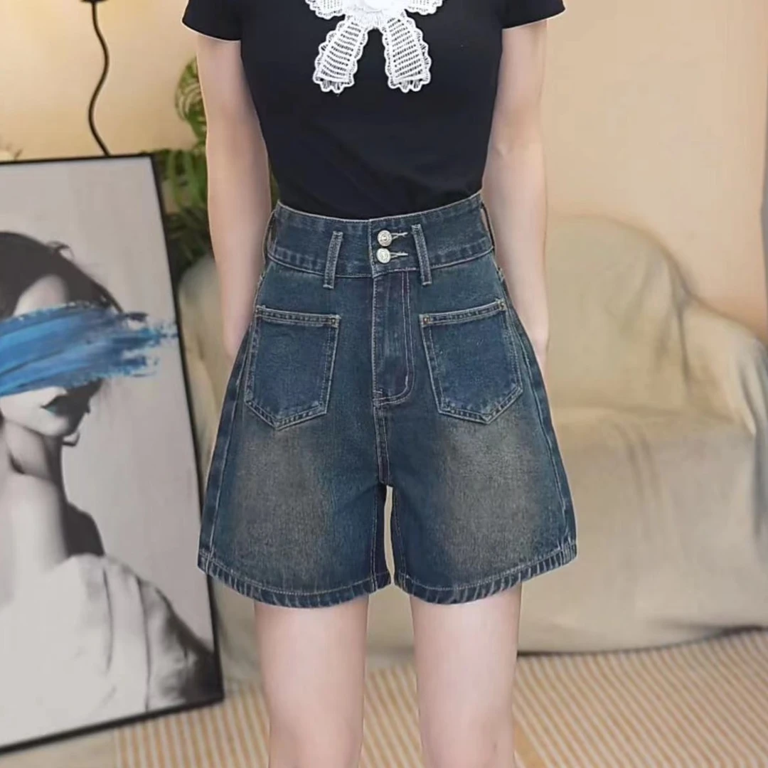 四分牛仔短裤女显瘦高腰直筒时尚百搭夏季阔腿宽松韩版设计感