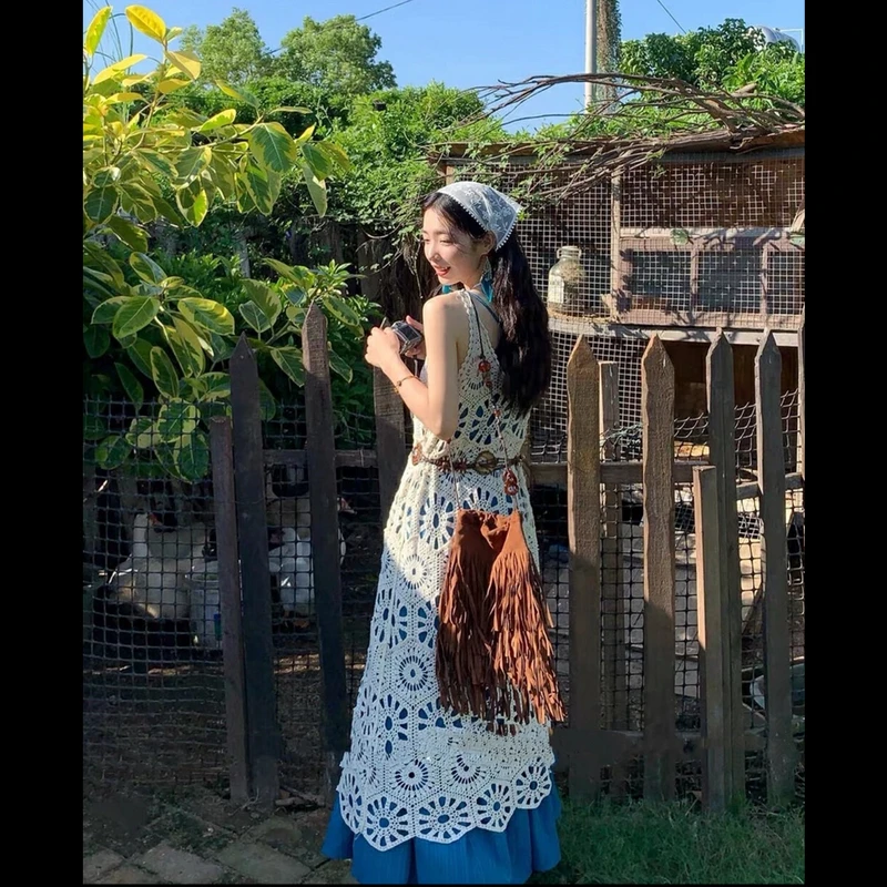 复古蓝色显白吊带连衣裙度假风海边沙滩裙吊带裙长裙钩花罩衫套装