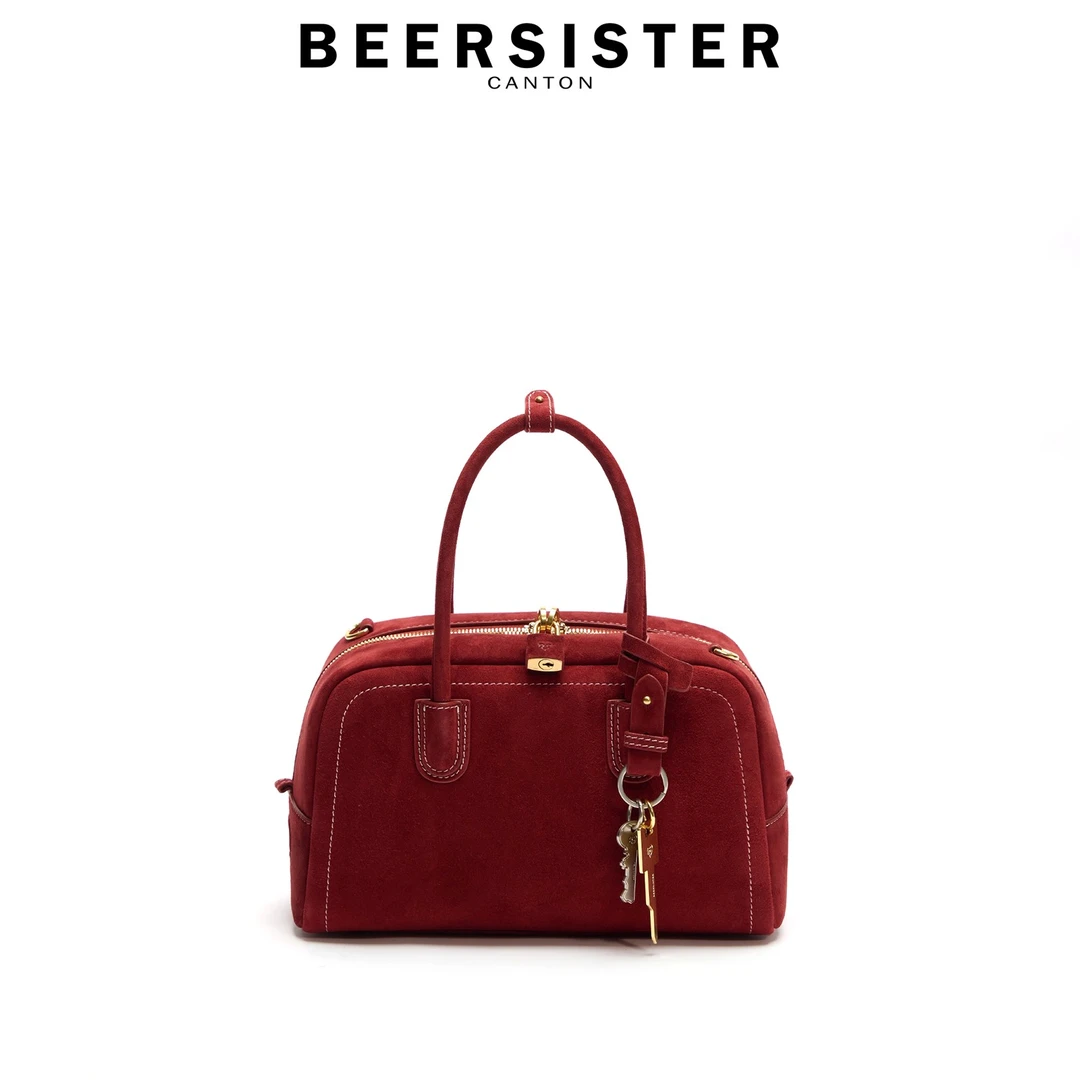 BEERSISTER绒面波士顿包 羊绒麂皮配鎏银五金 简约韩系通勤手提包