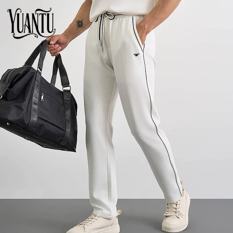 夏季高端莫代尔直筒面膜裤白色休闲裤子 男士宽松直筒运动裤长裤