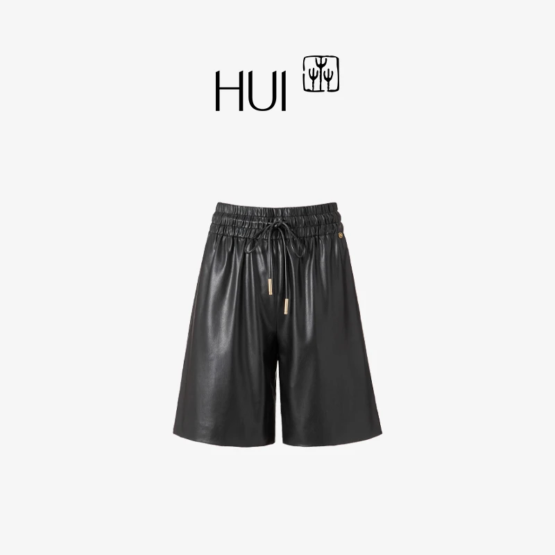 HUI卉黛黑色环保超纤皮显瘦压褶抽绳高腰直筒短裤时尚女皮裤