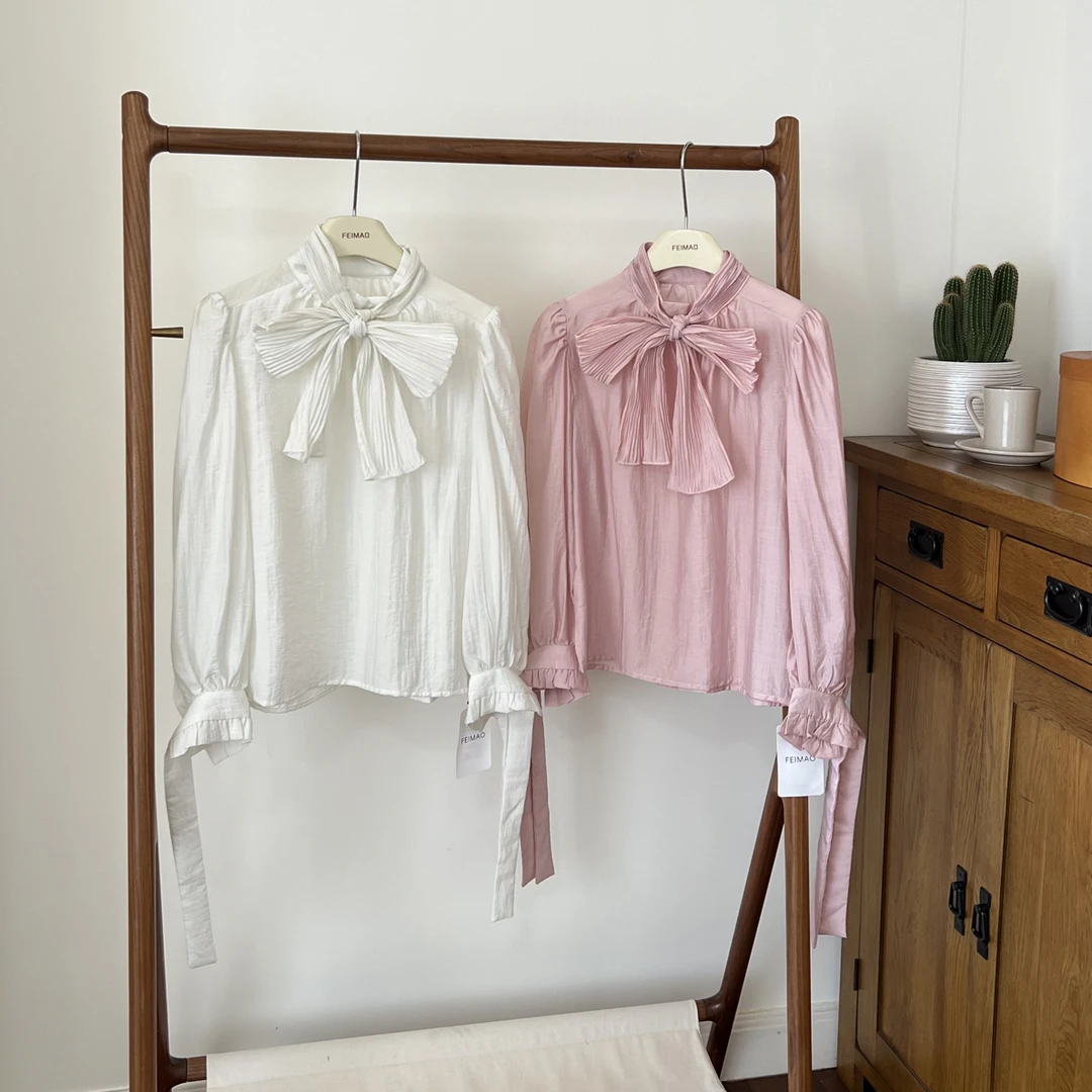 【赵小小&千金的系带～】8057 法式蕾丝精致内搭蝴蝶结小众衬衫上衣