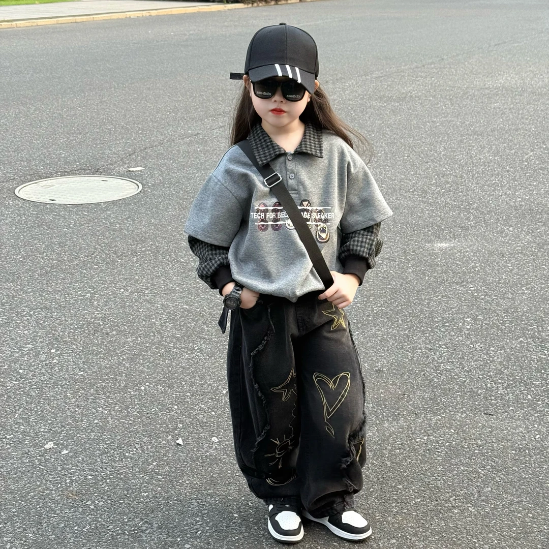 男女童休闲潮酷假两件衬衫卫衣中大童百搭牛仔弯刀裤阔腿裤潮