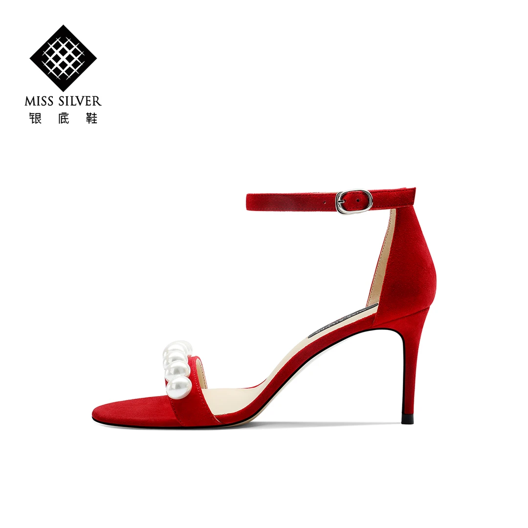 一字带凉鞋女夏季新款优雅珍珠露趾细跟时装红色高跟鞋