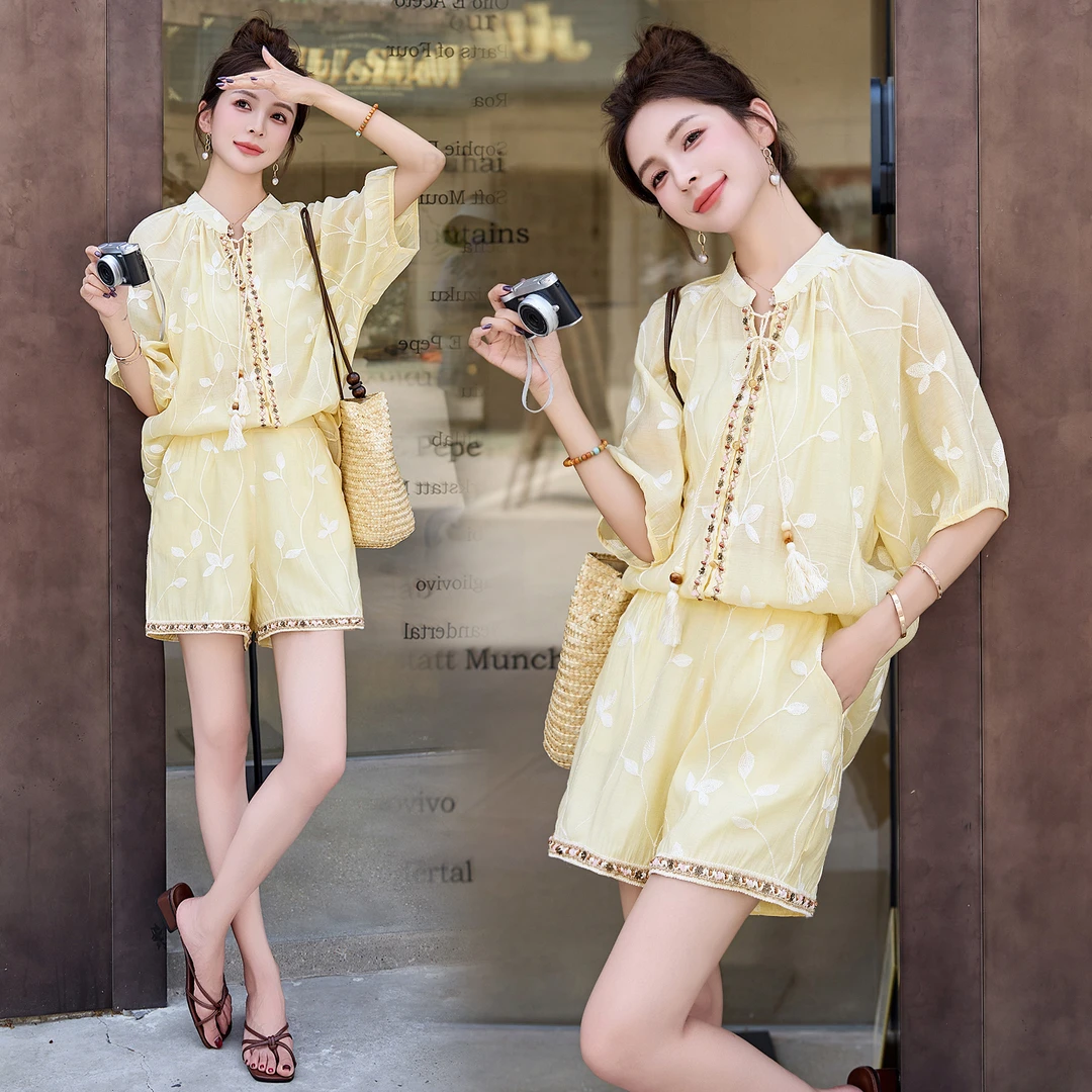 2025夏季新款时尚套装女洋气小个子短袖上衣阔腿裤两件套潮夏装